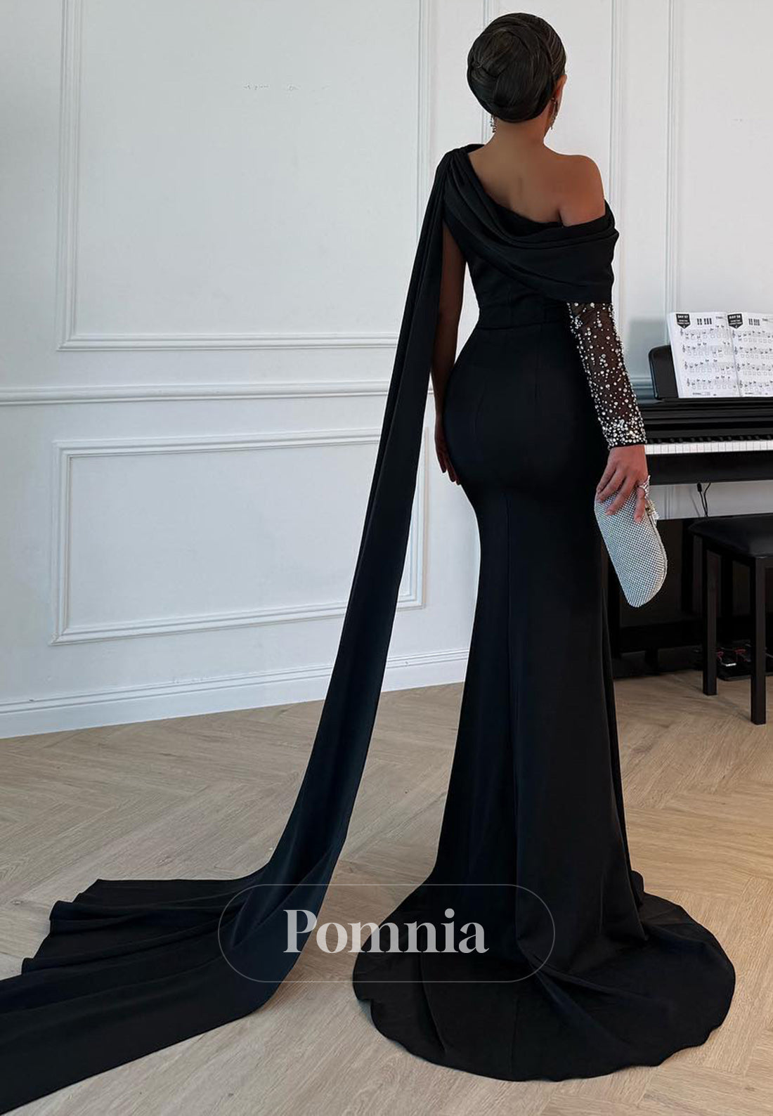 Black Long Sleeves Asymmetrical Mermaid Evening Dress