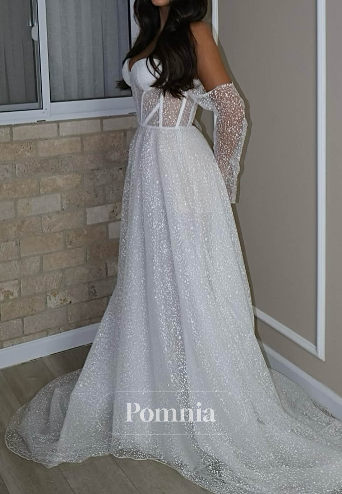 A-Line Sweetheart Long Sleeves Empire-Waist Lace Wedding Dress
