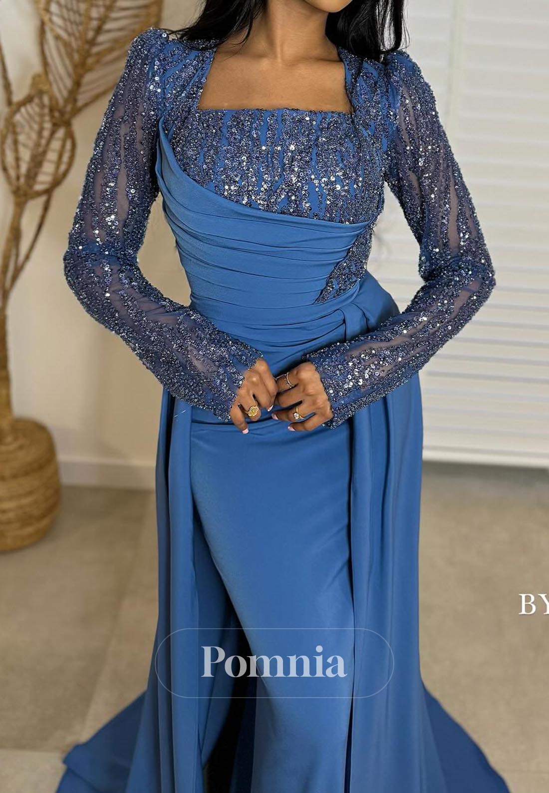 Blue Jay Long Sleeves Square Sequins Evening Dress