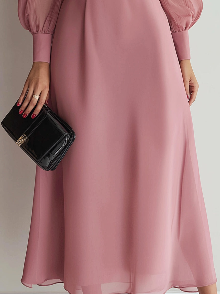 Rose Mist High-Neck Chiffon-Sleeve Midi Gown