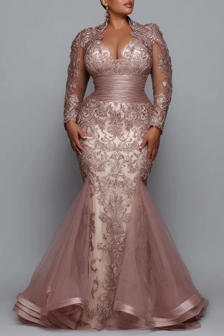 Pink V Neck Long Sleeve Mermaid Elegant See Through Tulle Lace Maxi Dress