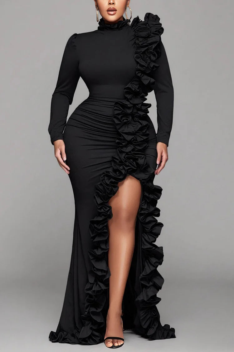 Formal Black Round Neck Long Sleeve Split Elegant Ruffle 3D Satin Maxi Dresses