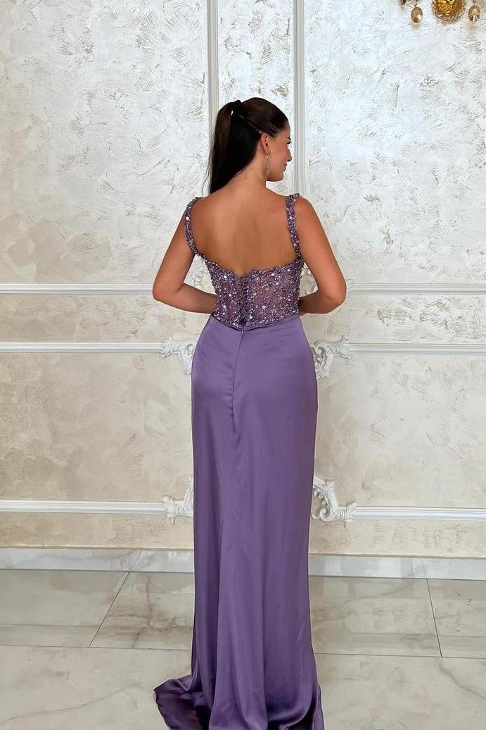 Spaghetti Strap Sleeveless Long Split Prom Dress With Beading