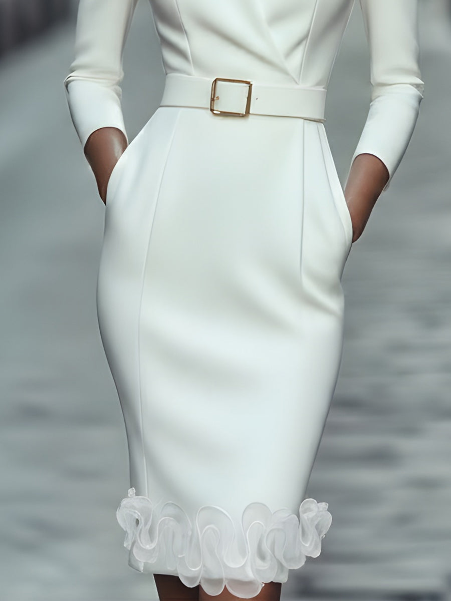Ivory Belted Pencil Dress with Ruffle Hem