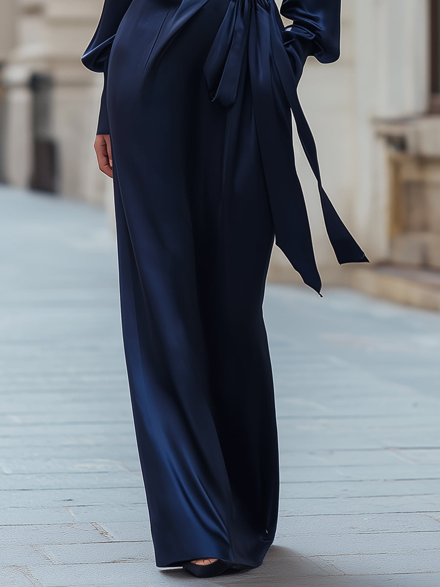 Midnight Blue Satin Wrap Dress