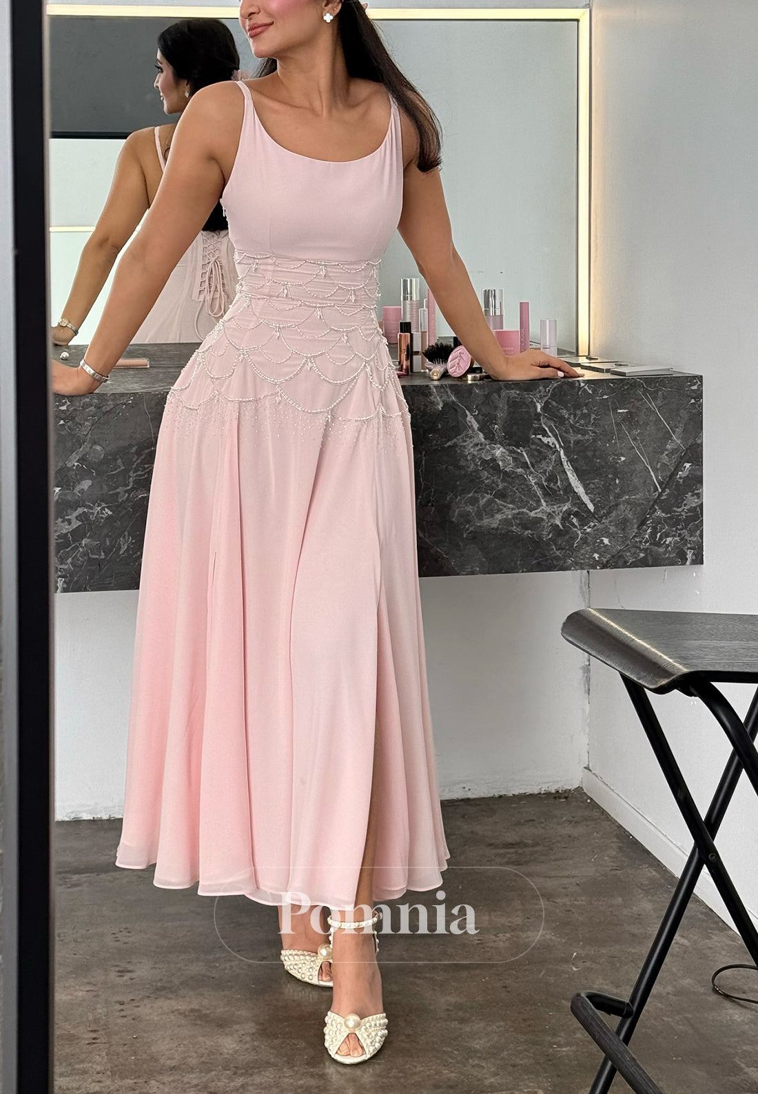 Blushing Pink Cape Empire-Waist A-Line Prom Dress