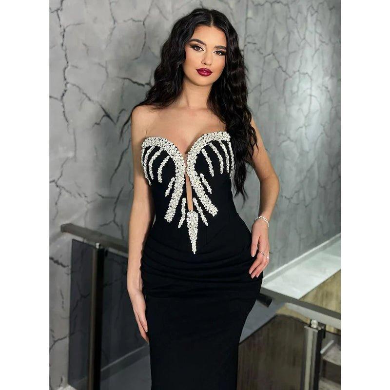 Modern Beaded Strapless Satin Pleats Long Prom Dress Evening Gowns