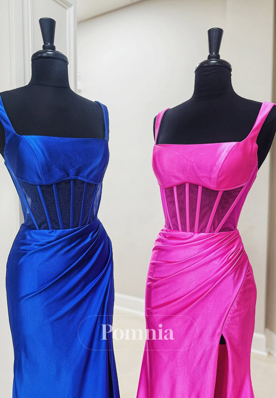 Sheath Spaghetti Straps Scoop Prom Dress with Slit Ruched Evening Party Dress