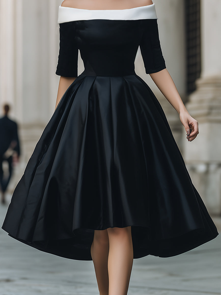 Elegant Black And White Off-Shoulder Midi Dress