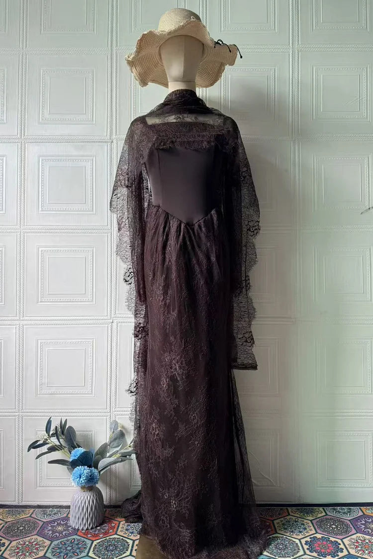 Lace Trim See Through High Neck Tied Slit Hem Maxi Dress