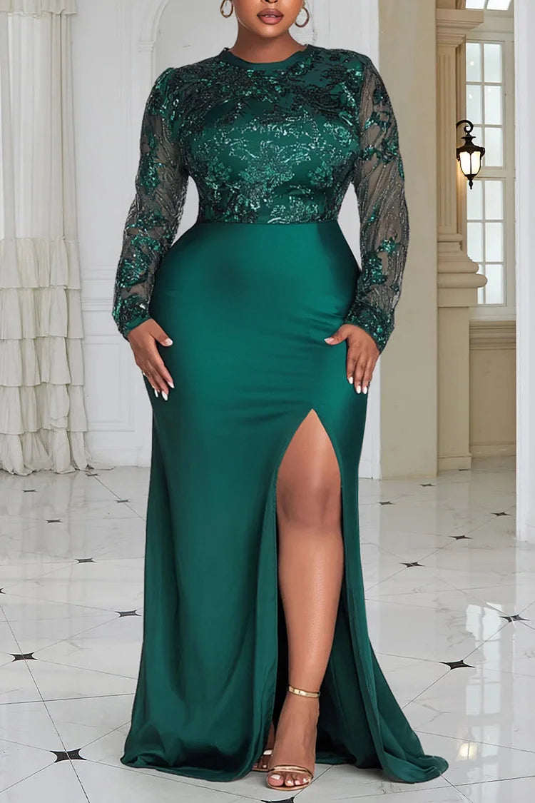 Green Round Neck Long Sleeve Split Elegant See Through Sequin Maxi Dress