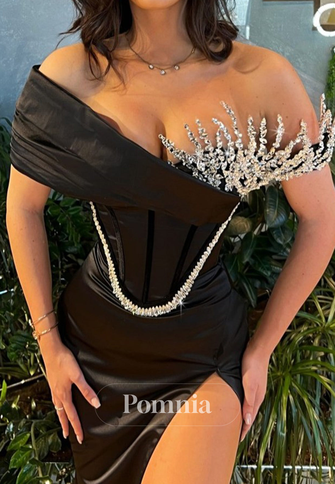 Black One Shoulder Sleeveless Beads Corset Prom Dress