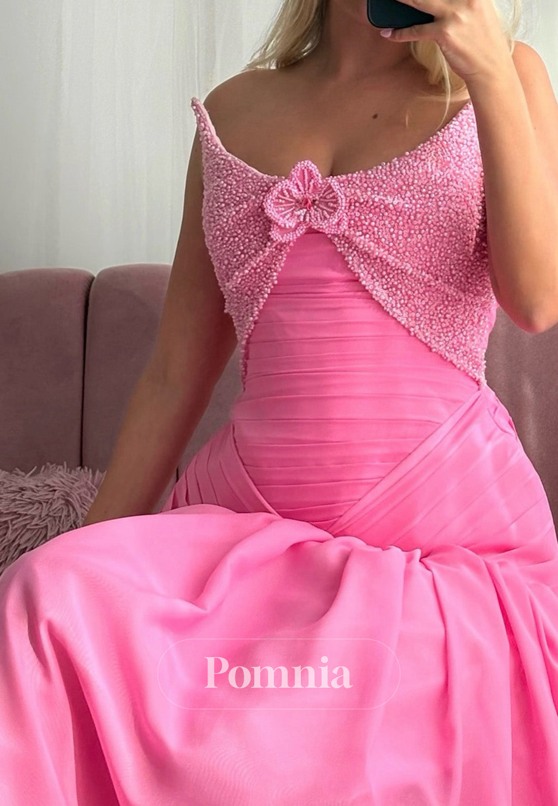 Blushing Pink Sleeveless Scoop Floral Appliques Prom Dress