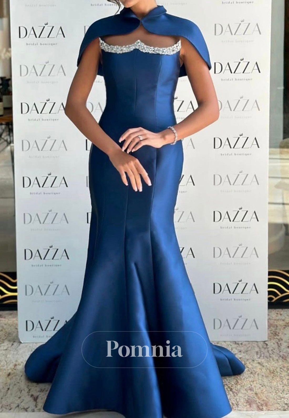 Elegant Blue Jay Cape Beads Mermaid Evening Dress