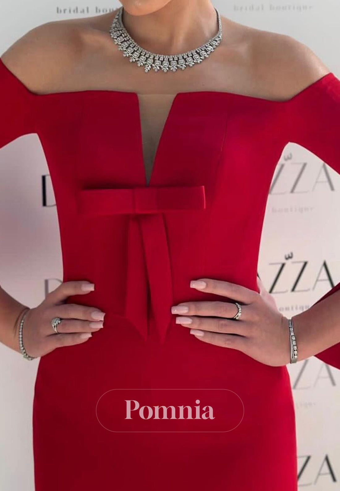 Long Sleeves Off-Shoulder Bowknot Satin Evening Dress