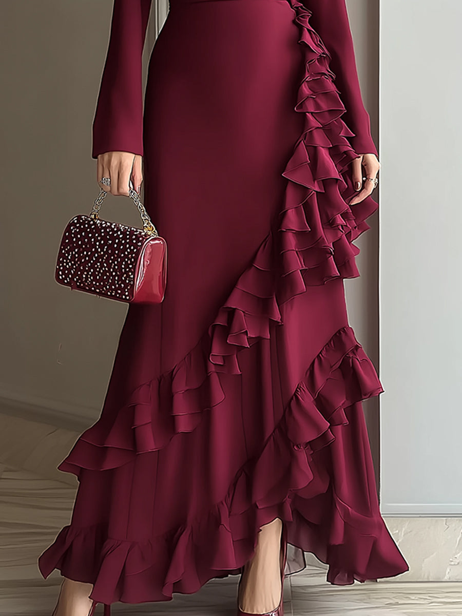 Wine Red Asymmetric Ruffled Long Sleeve Maxi Dress