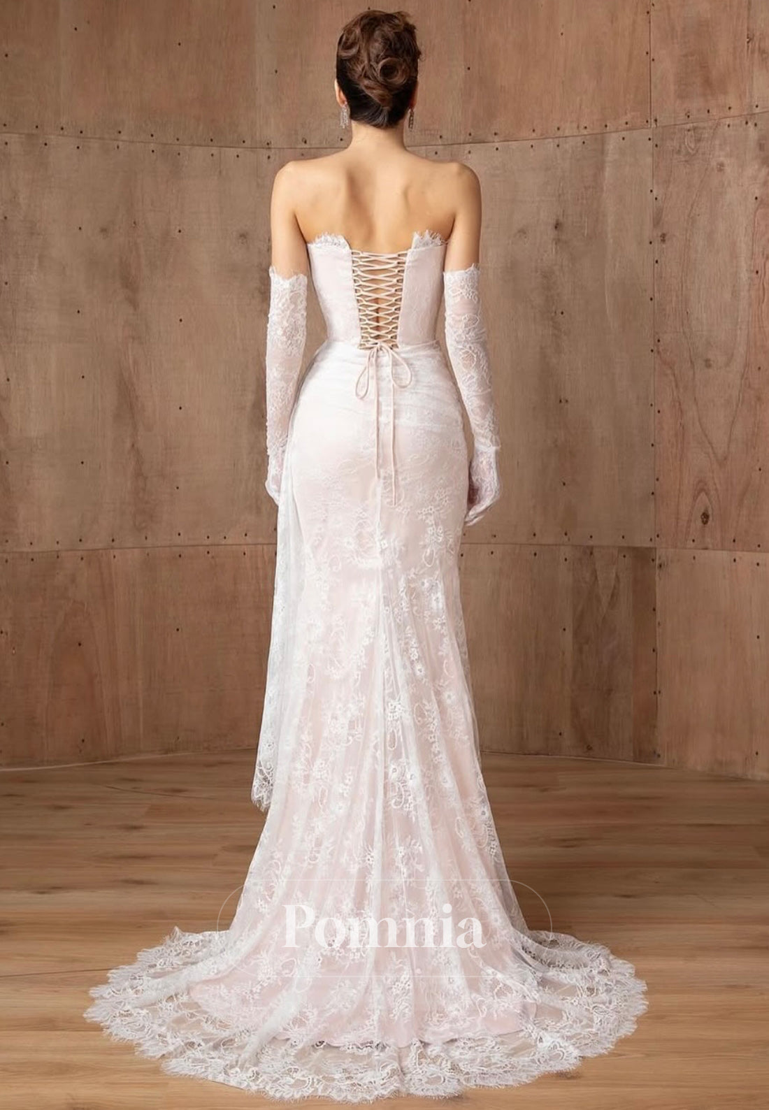 A-Line Strapless Sleeveless Ruched Lace Wedding Dress