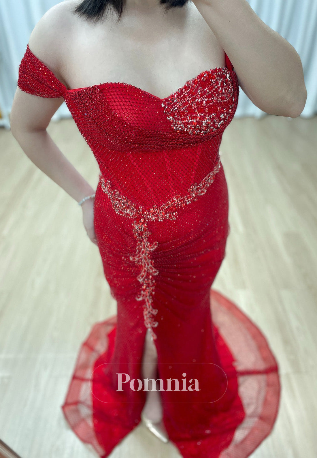 Red Sleeveless Strapless Slit Sequins Prom Dress