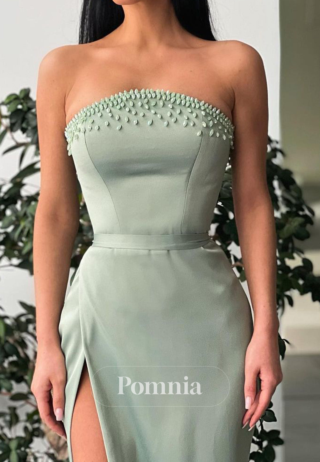 Dusty Sage Sleeveless Strapless Slit Ruched Prom Dress