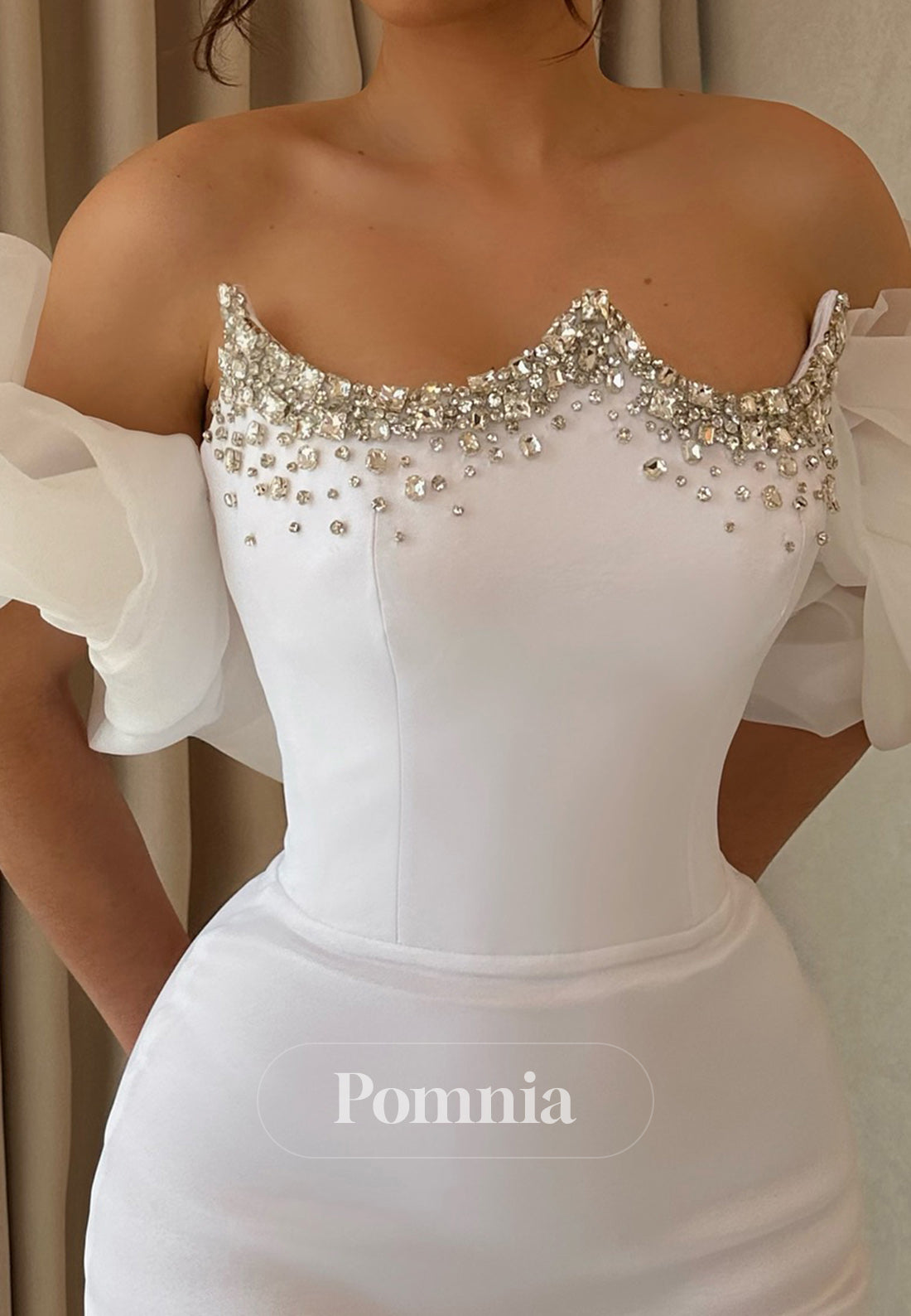White Off-Shoulder Short Sleeves Sheath Evening Dress