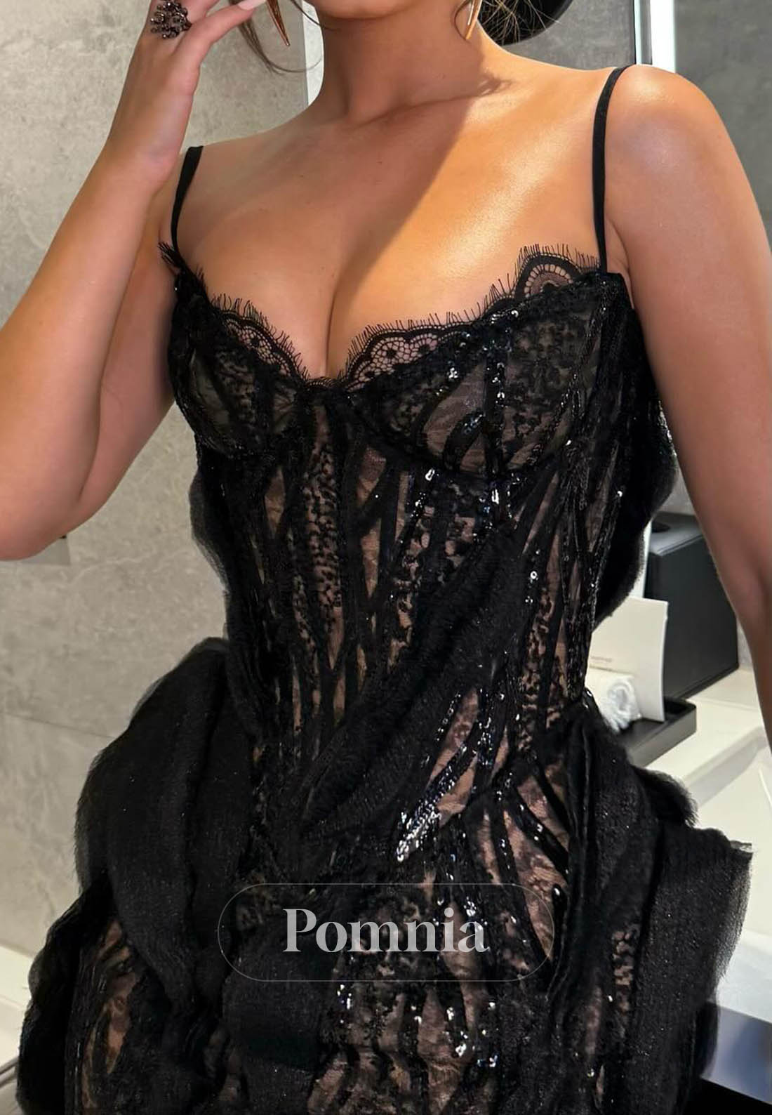 Spaghetti Straps Scoop Ruffles Mermaid Lace Prom Dress