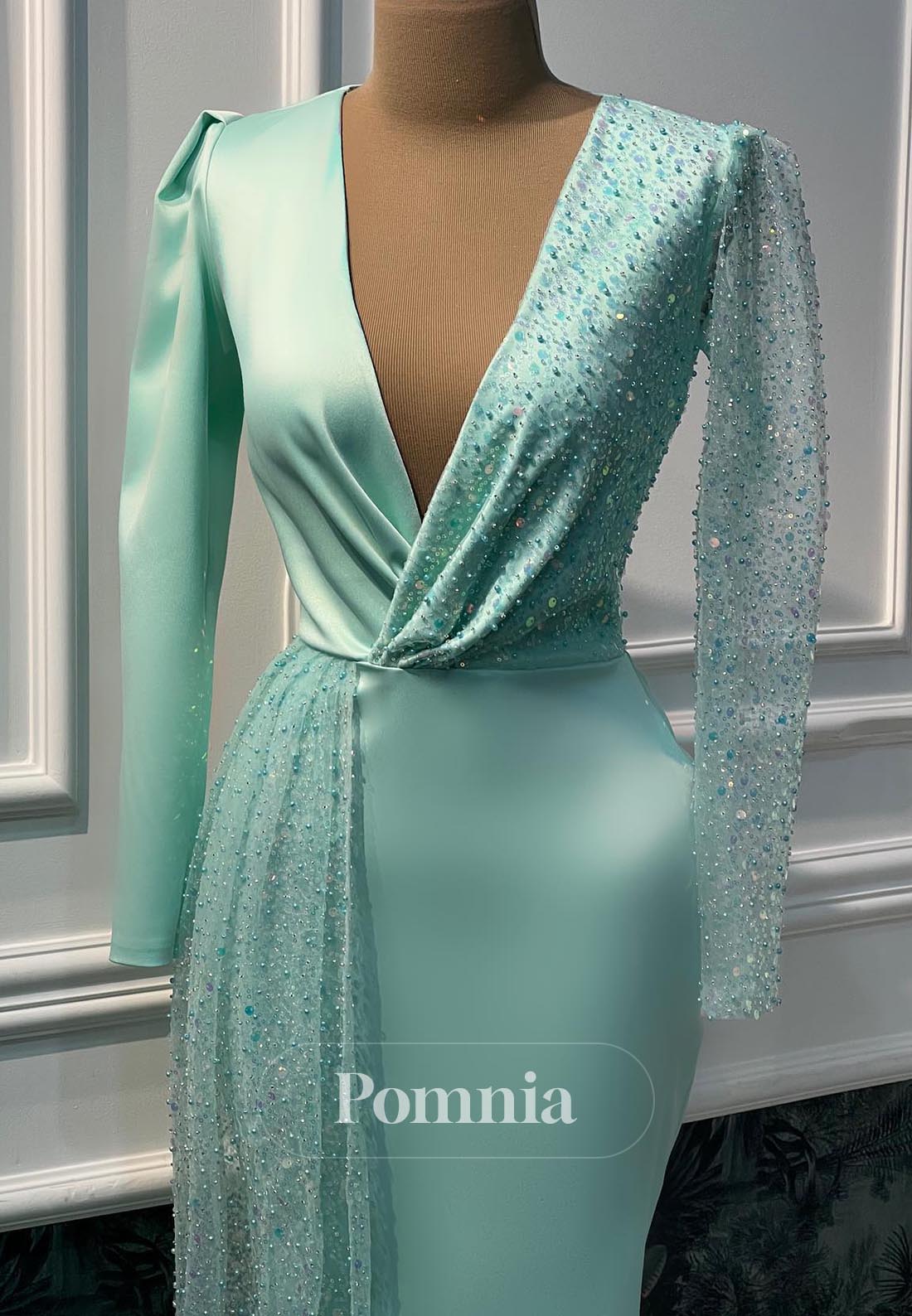 Mint Green Long Sleeves V-Neck Ruched Evening Dress