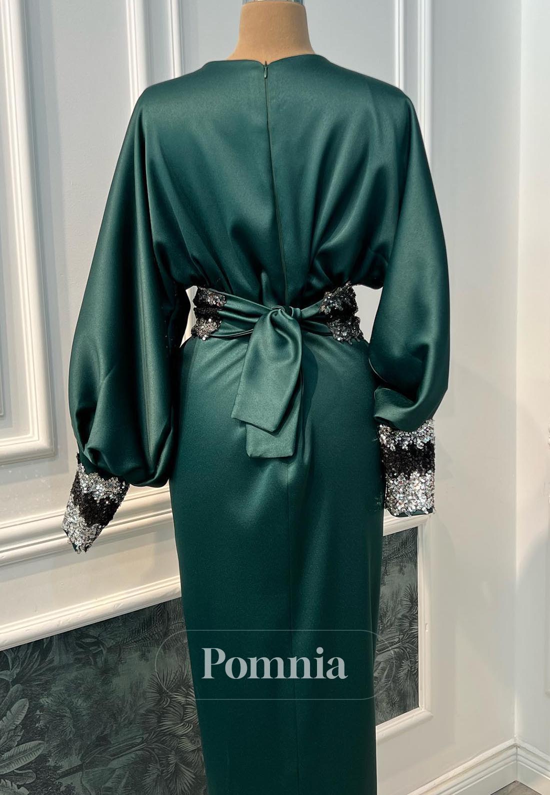 Deep V-Neck Long Sleeves Sequins Slit Evening Dress