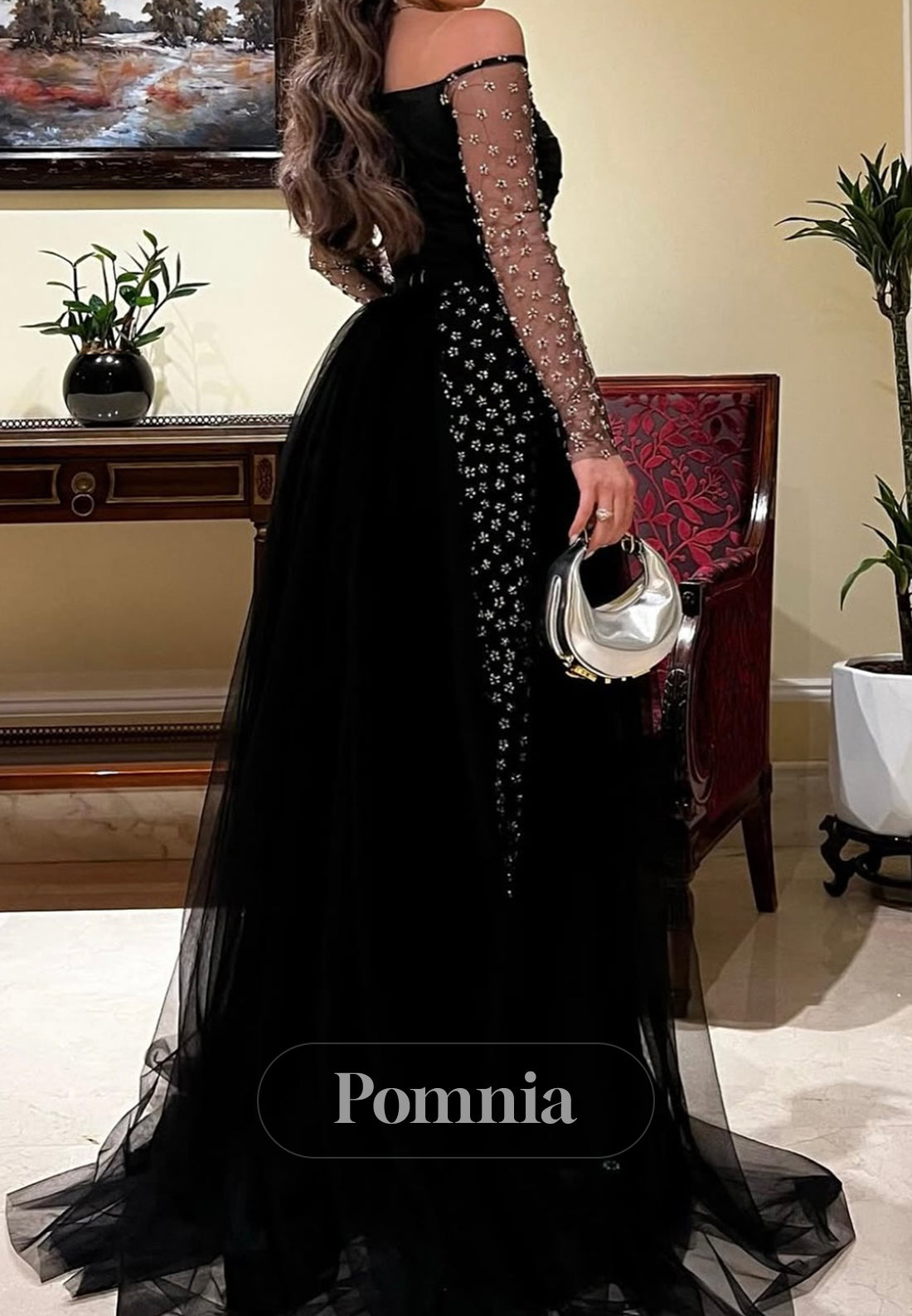 Black Long Sleeves Off-Shoulder Sequins A-Line Evening Dress
