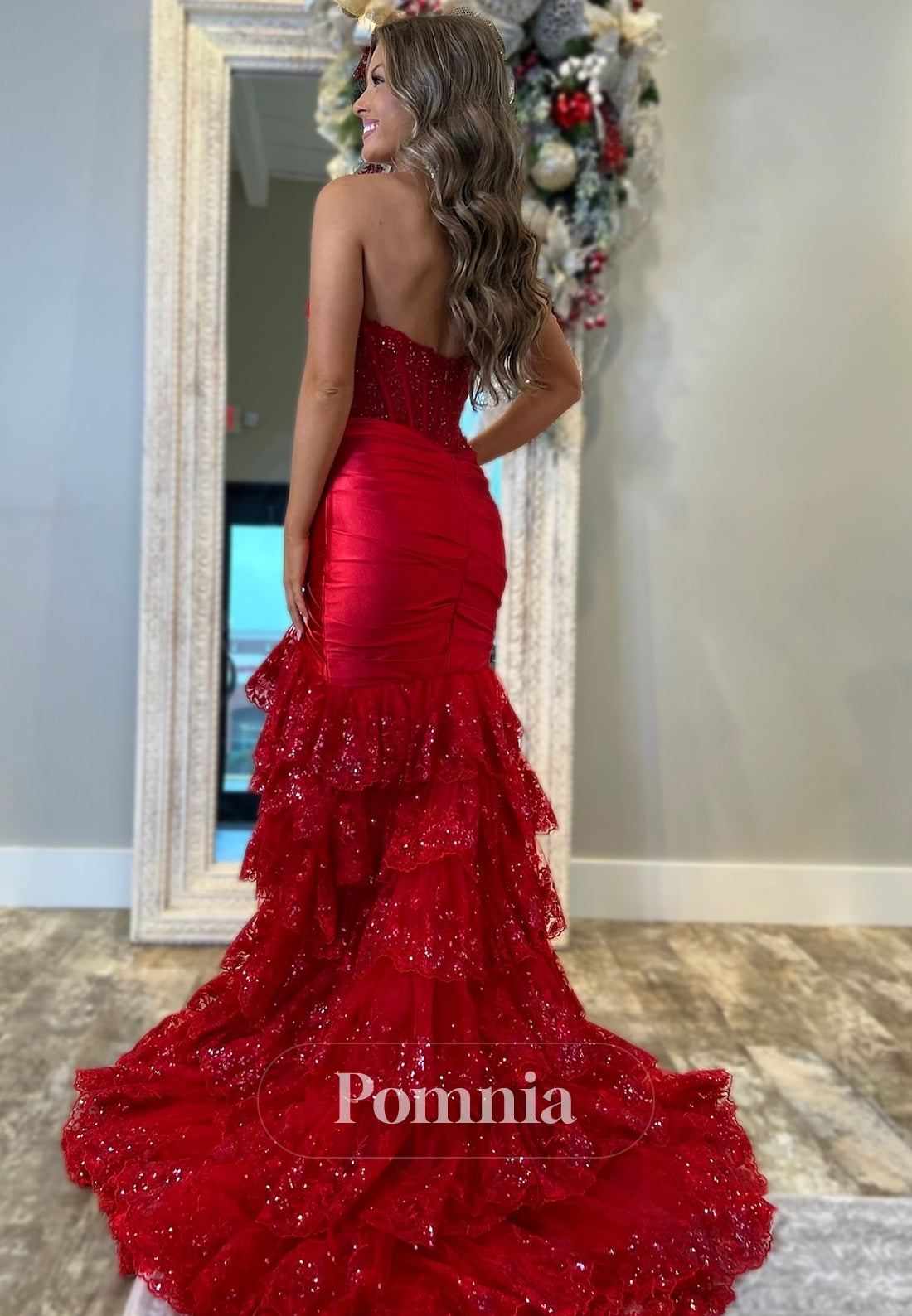 Charming Sleeveless Strapless Prom Dress with Slit Ruffles Evening Party Dress