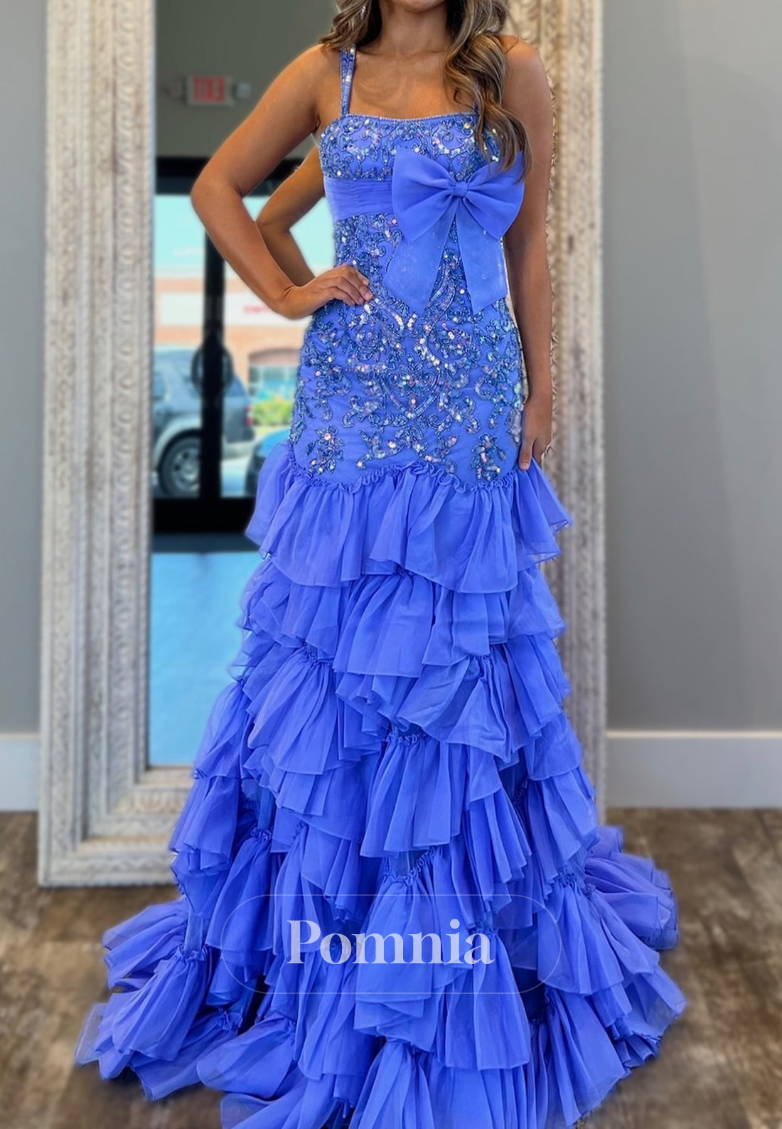 Blue Jay A-Line Spaghetti Straps Sweetheart Ruffles Prom Dress