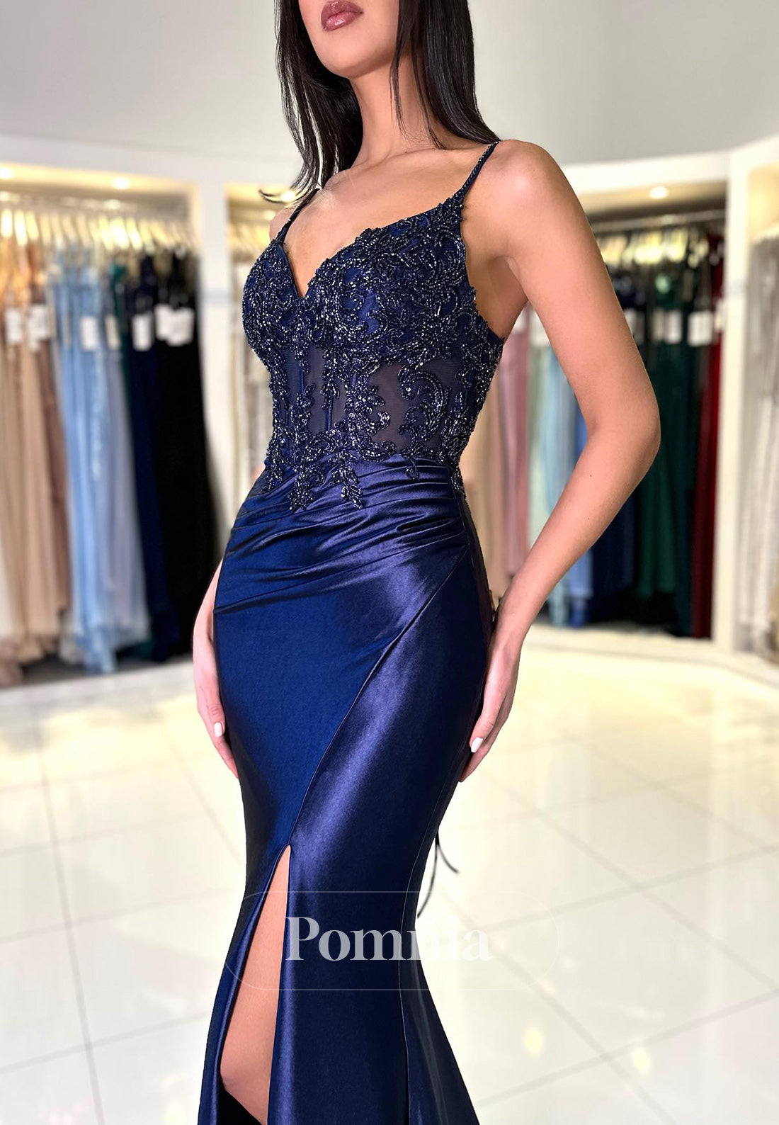 Dark Navy Spaghetti Straps V-Neck Slit Ruched Prom Dress