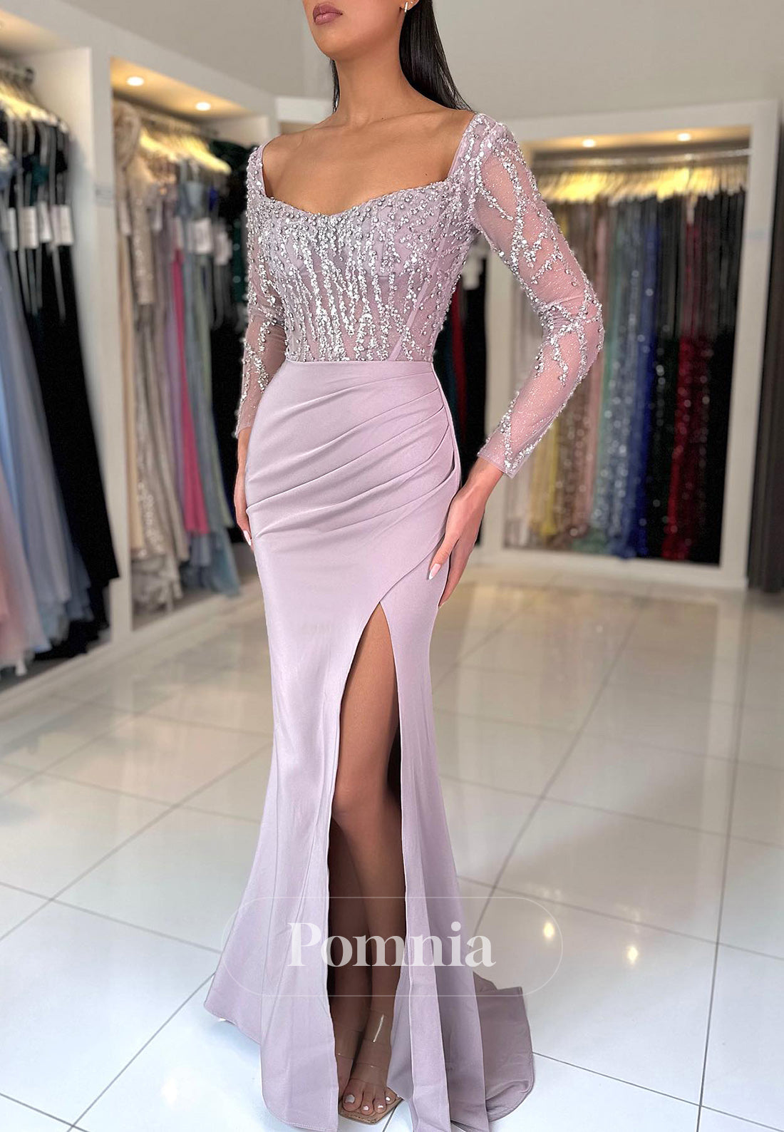 Charming Long Sleeves Square Slit Ruched Corset Prom Dress