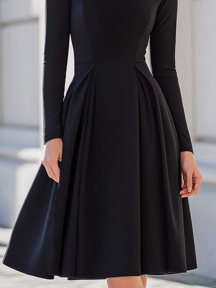 Black Minimalist Long-Sleeve Flared Midi Dress