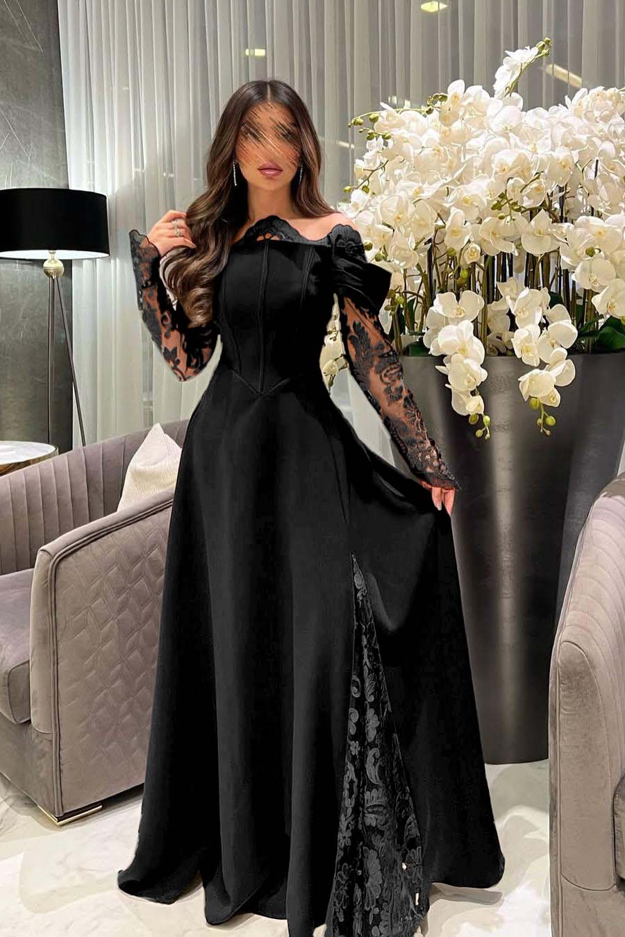 Off the Shoulder Long Sleeves Long Prom Dress With Appliques
