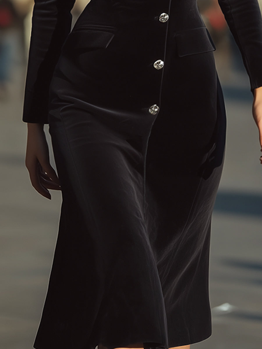 Elegant Black Velvet Midi Dress With Silver Button Detail