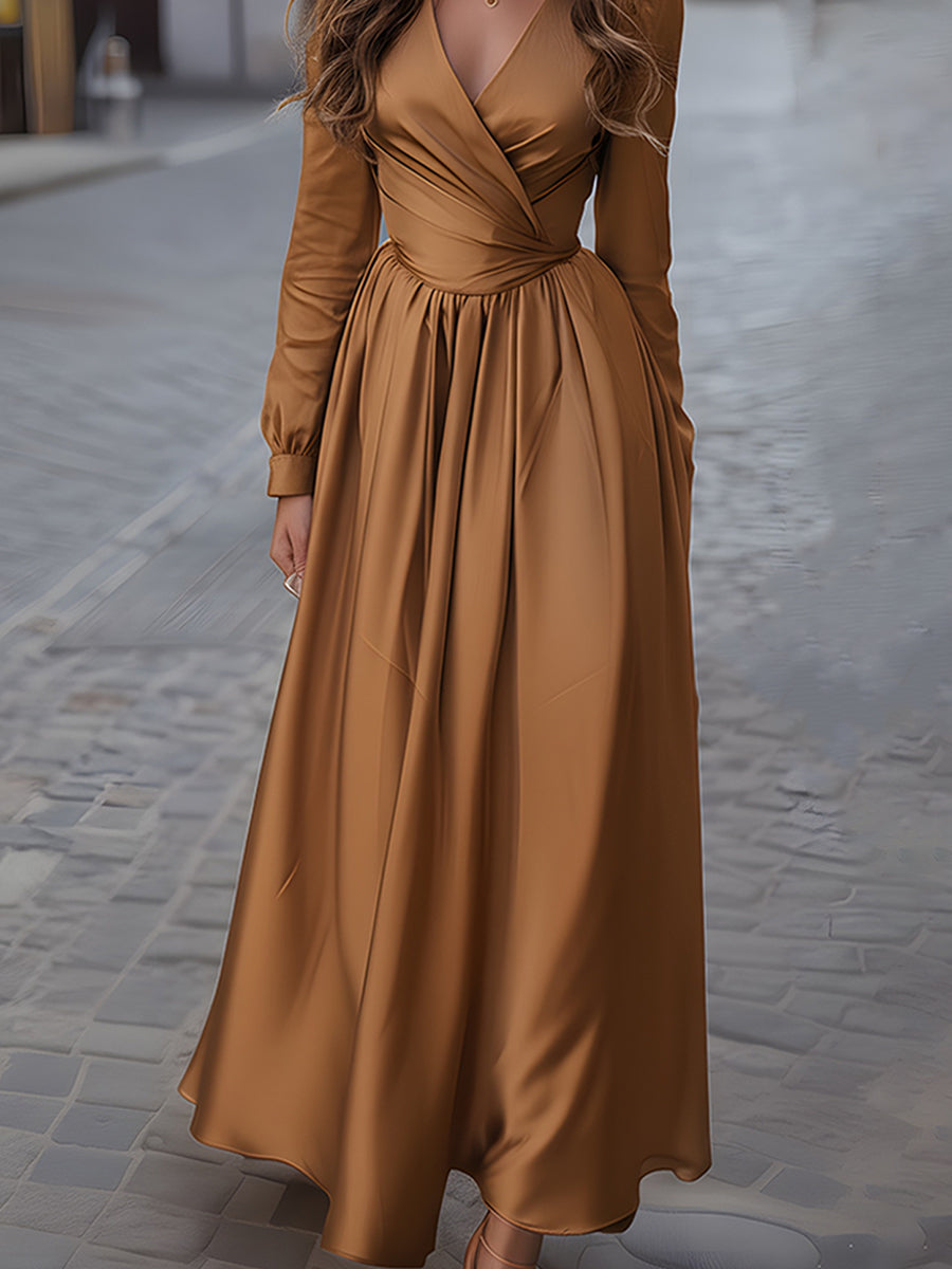 Caramel Satin Wrap Maxi Dress