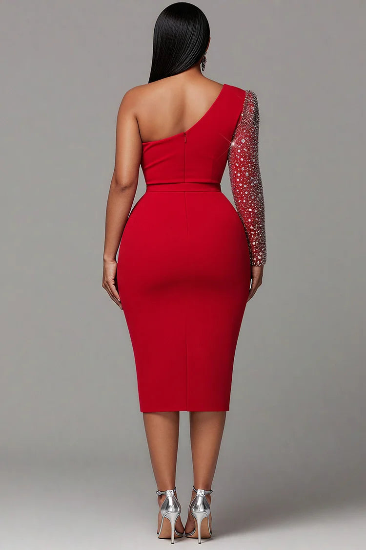 Cocktail Party Red One Shoulder Long Sleeve Drilling Elegant Bodycon Midi Dress