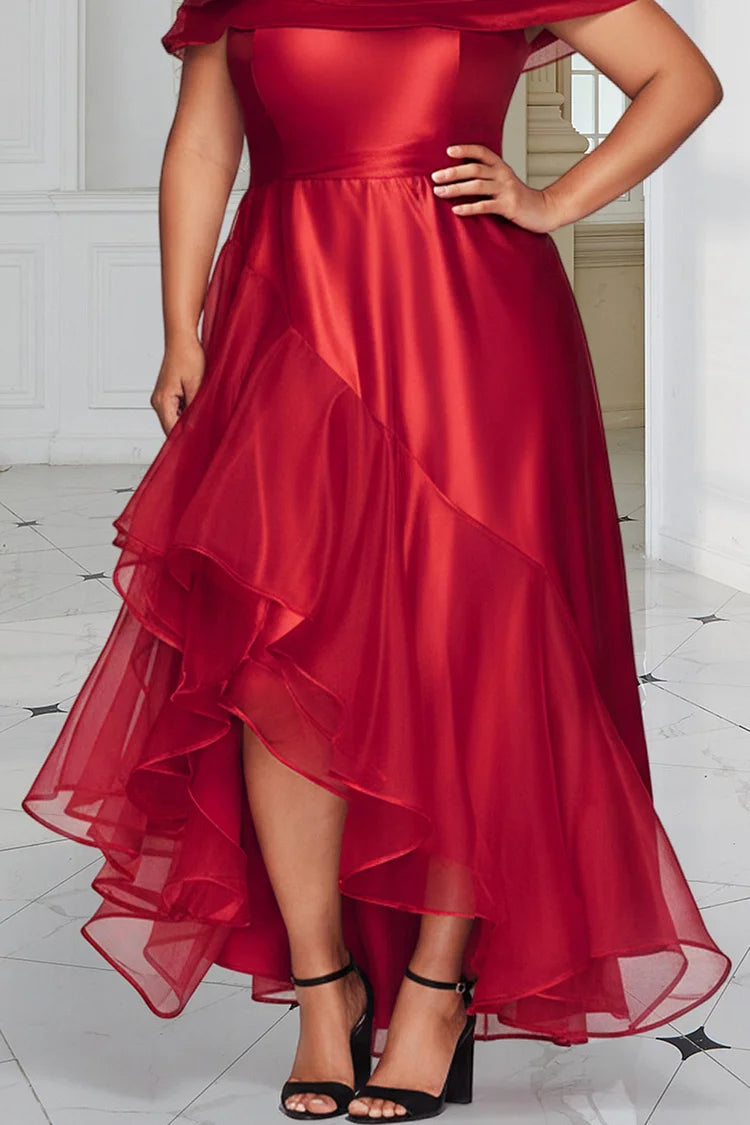Christmas Red Off The Shoulder Ruffle Elegant Asymmetric Satin Maxi Dress