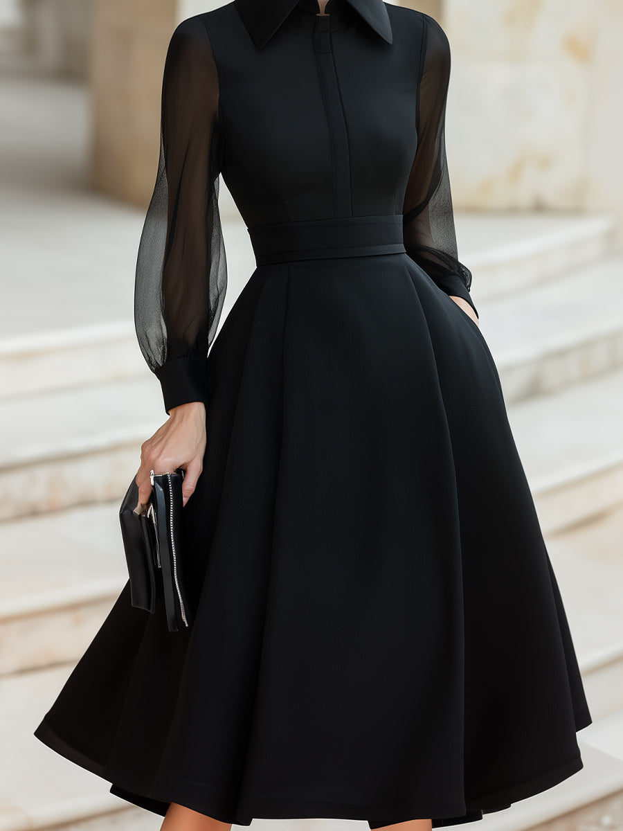 Elegant A-Line Midi Dress With Sheer Sleeves
