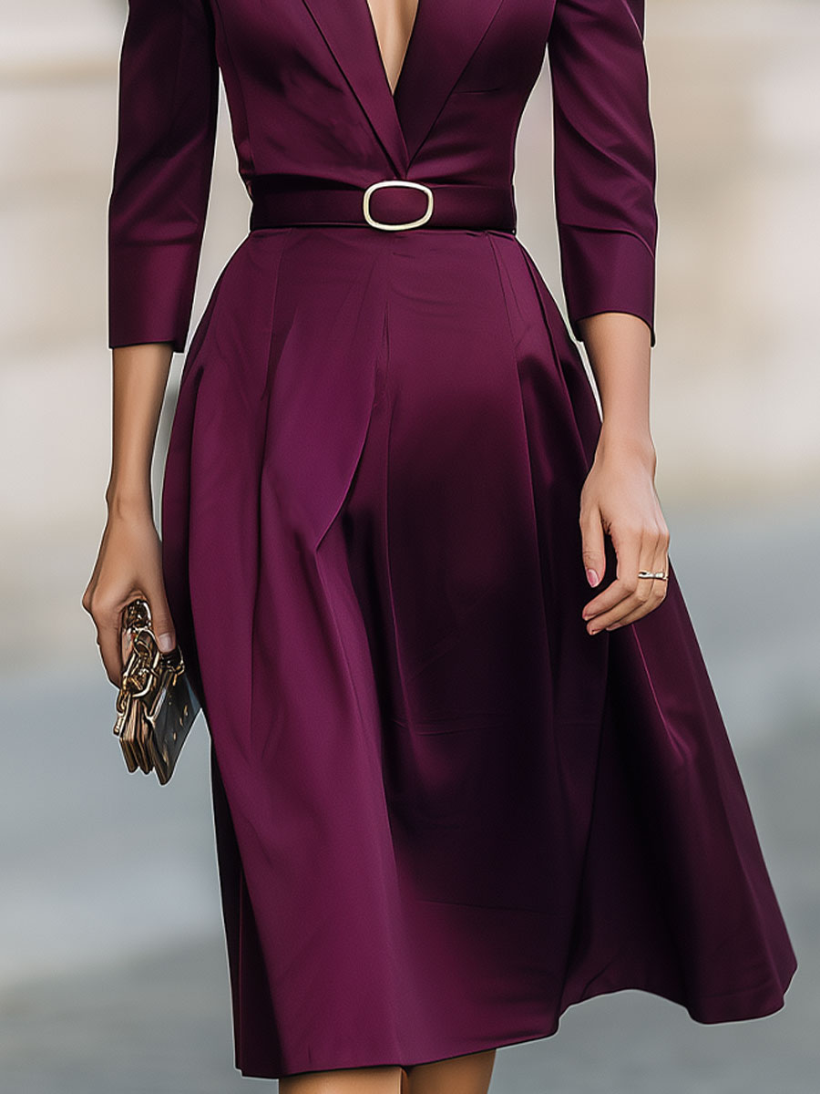 Mooyius Presents The Burgundy Satin Belted Midi Dress