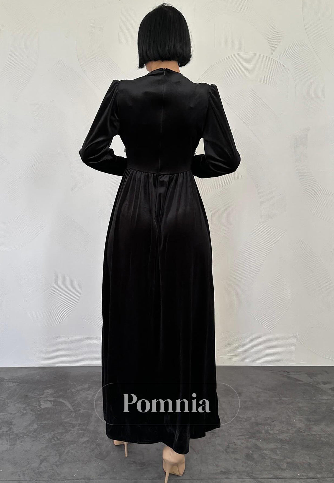 Velvet Pleats V-Neck Long Sleeves A-Line Evening Dress