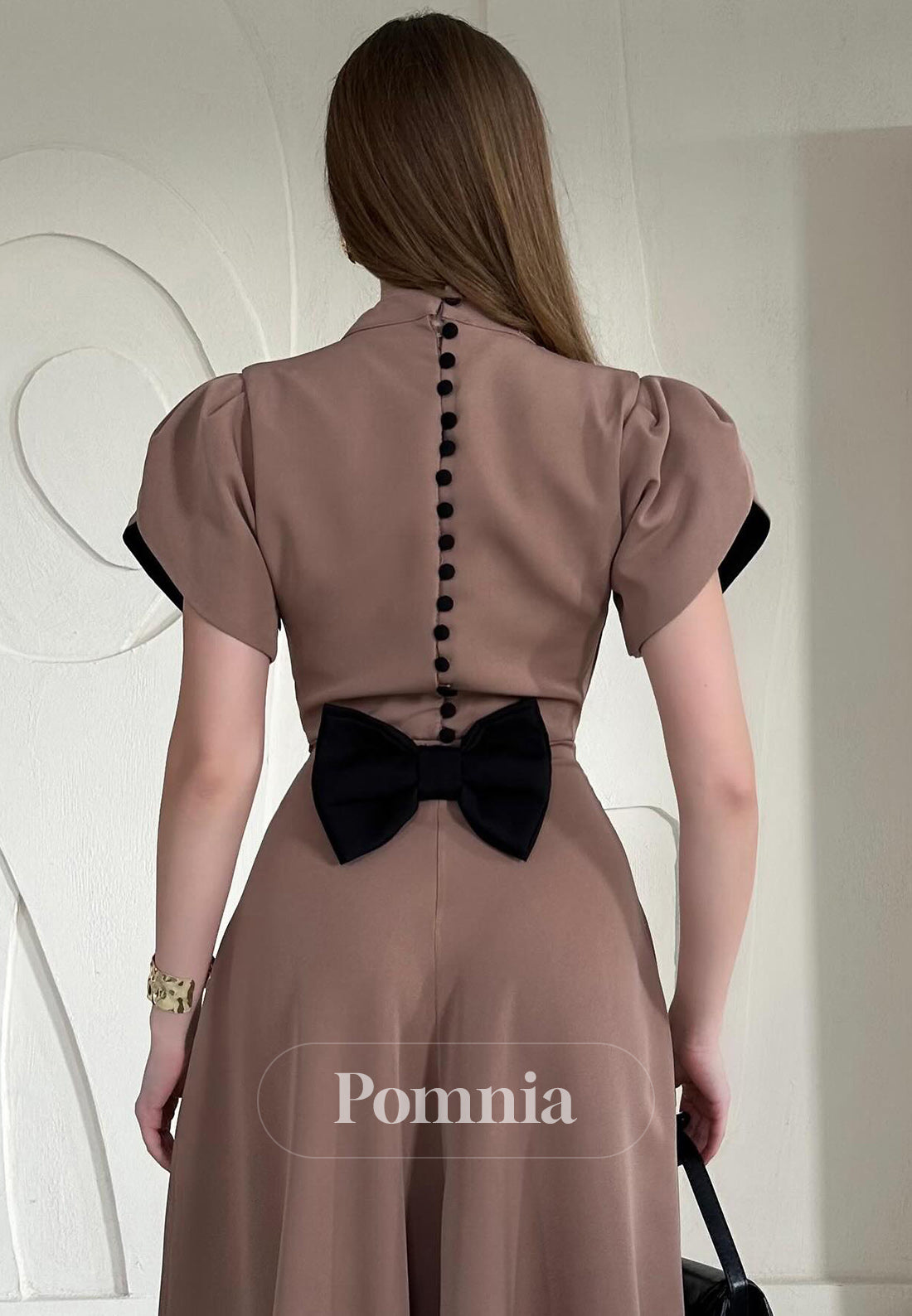 A-Line Short Sleeves Scoop Bowknot Semi-Formal Dress