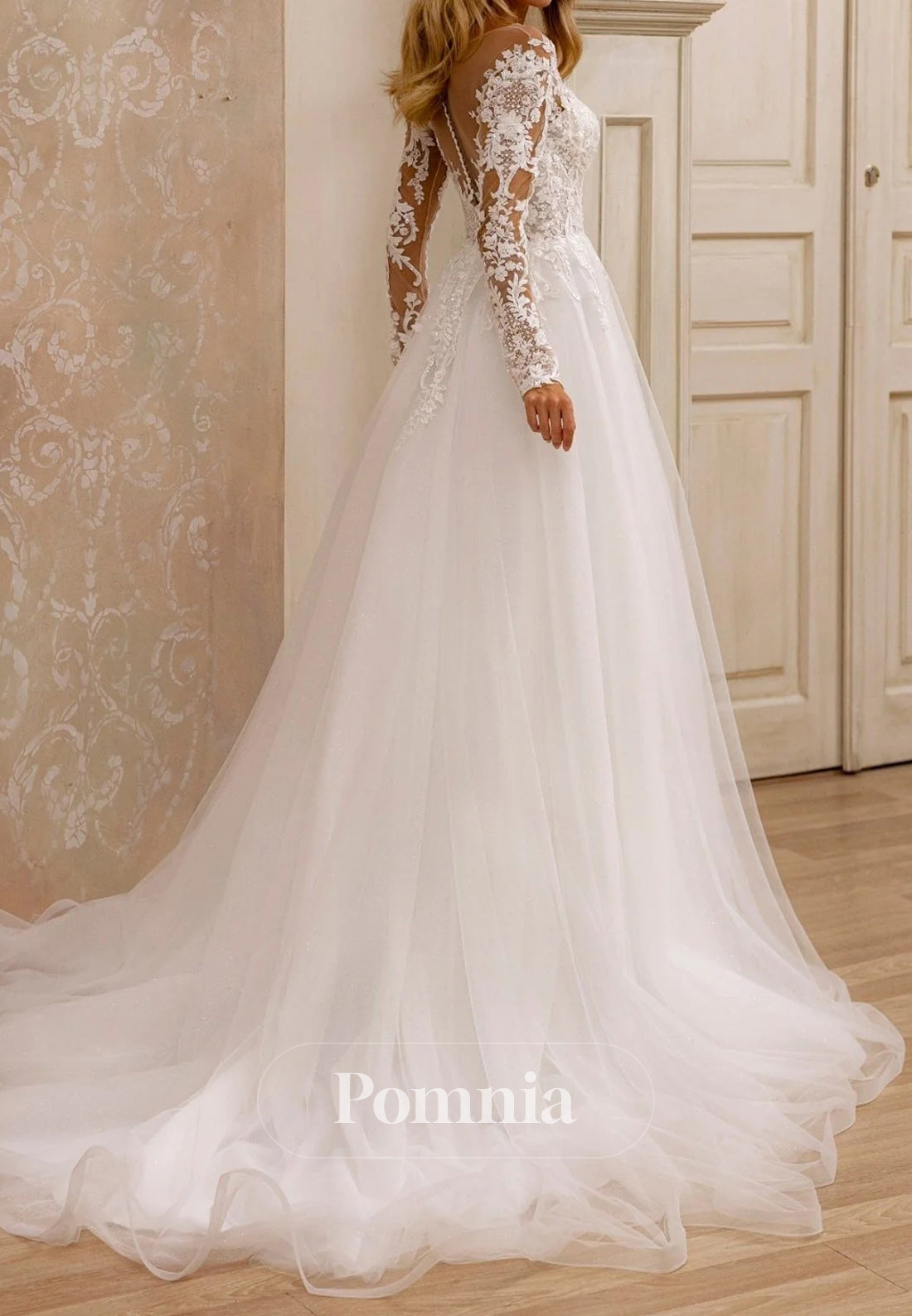 Elegant A-Line Bridal Gown with Lace Detail and Plunging Neckline