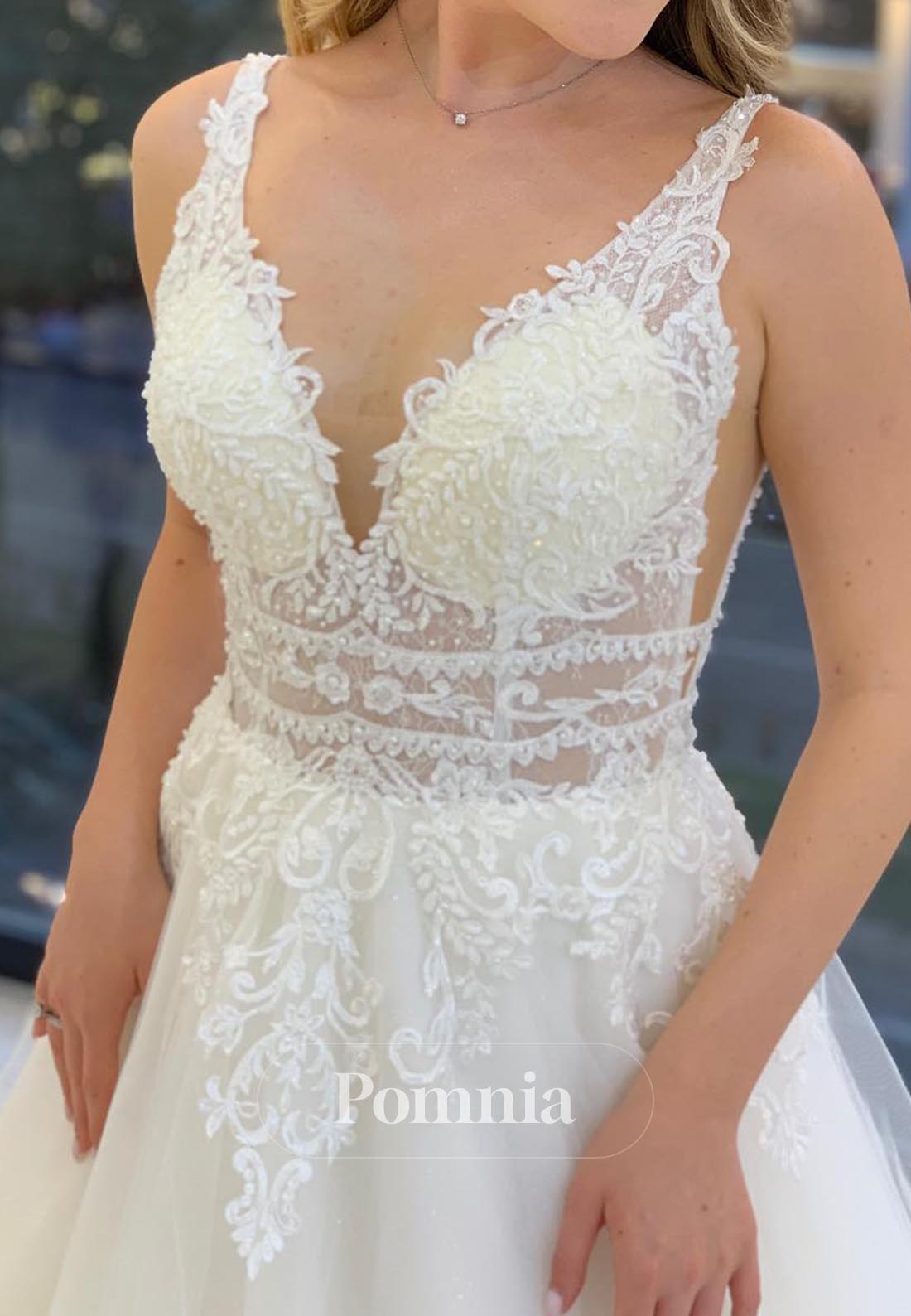 Spaghetti Straps V-Neck Appliques Corset Tulle Lace Wedding Dress