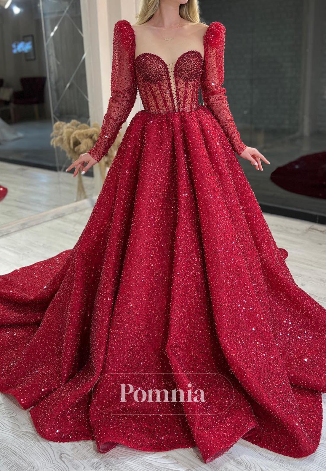 Elegant Long Sleeves Sweetheart Sequins Red Wedding Dress