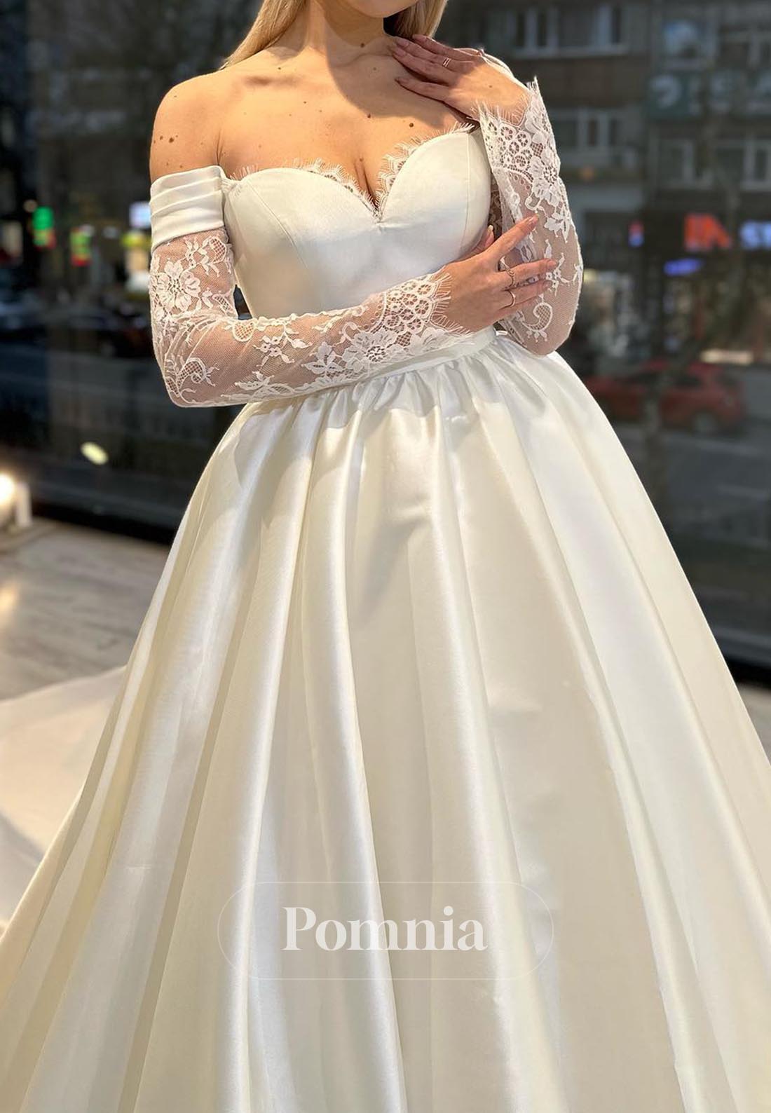 A-Line Long Sleeves Off-Shoulder Satin Wedding Dress