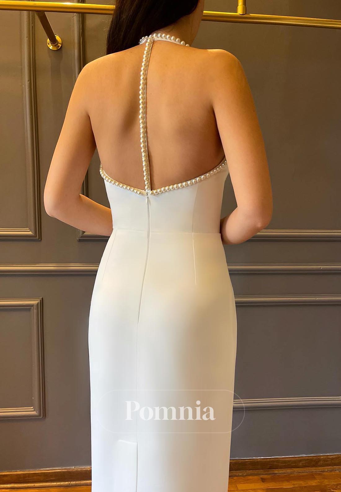 White Halter Sleeveless Pearls Backless Evening Dress