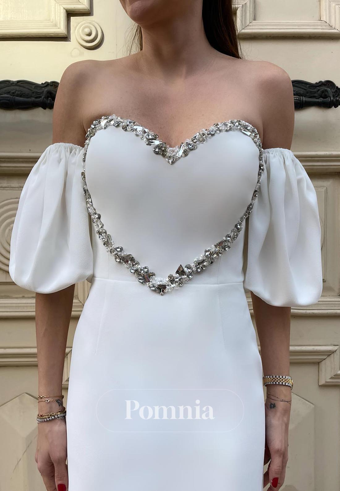 White Short Sleeves Off-Shoulder Love Rhinestones Evening Dress
