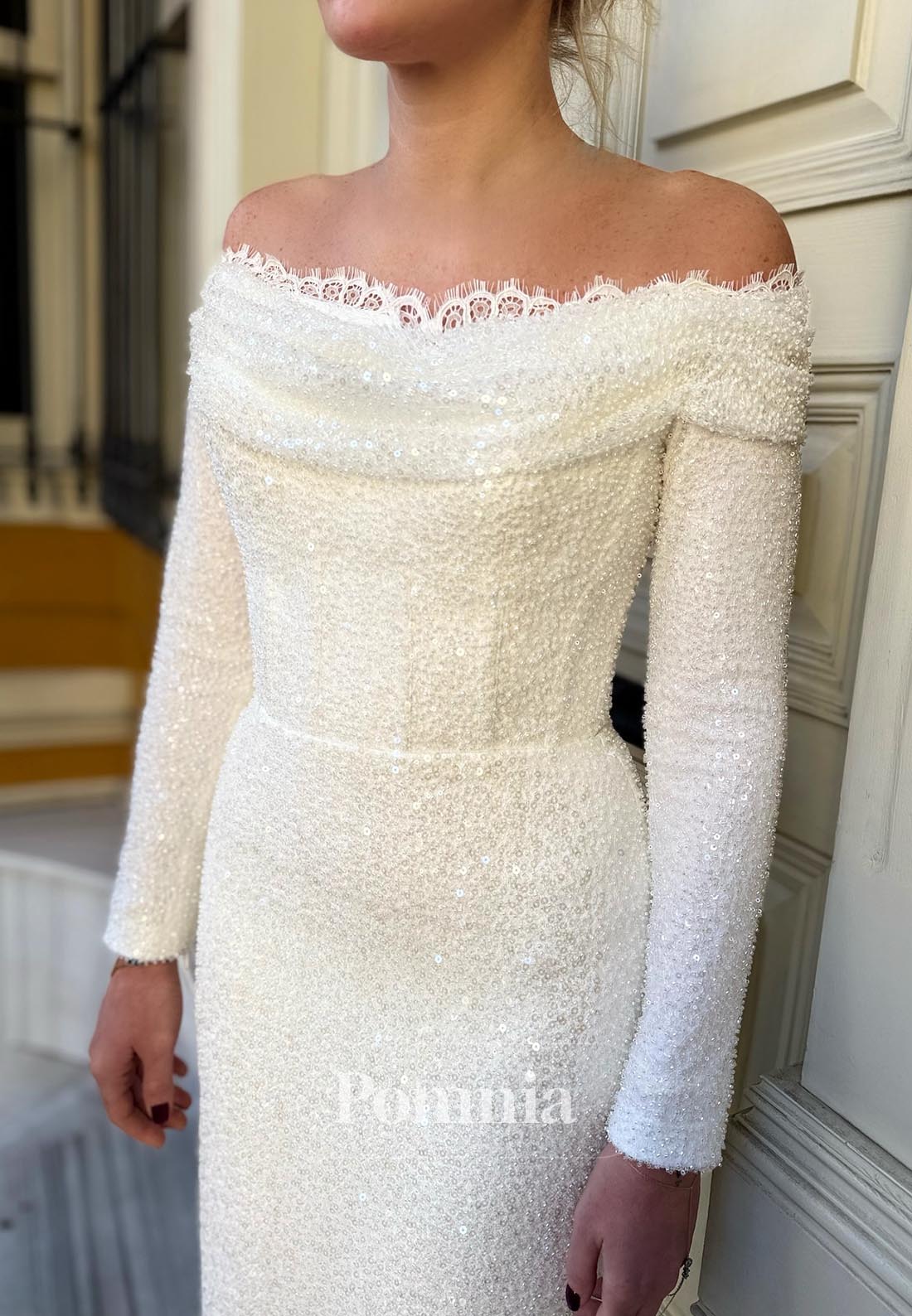 Charming A-Line Long Sleeves Off-Shoulder Sequins Evening Dress