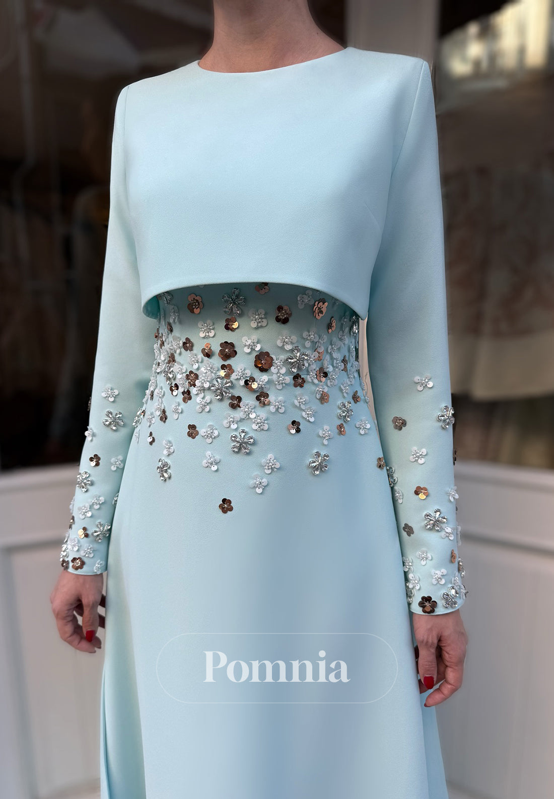 Sky Blue Long Sleeves Scoop Sequins Evening Dress